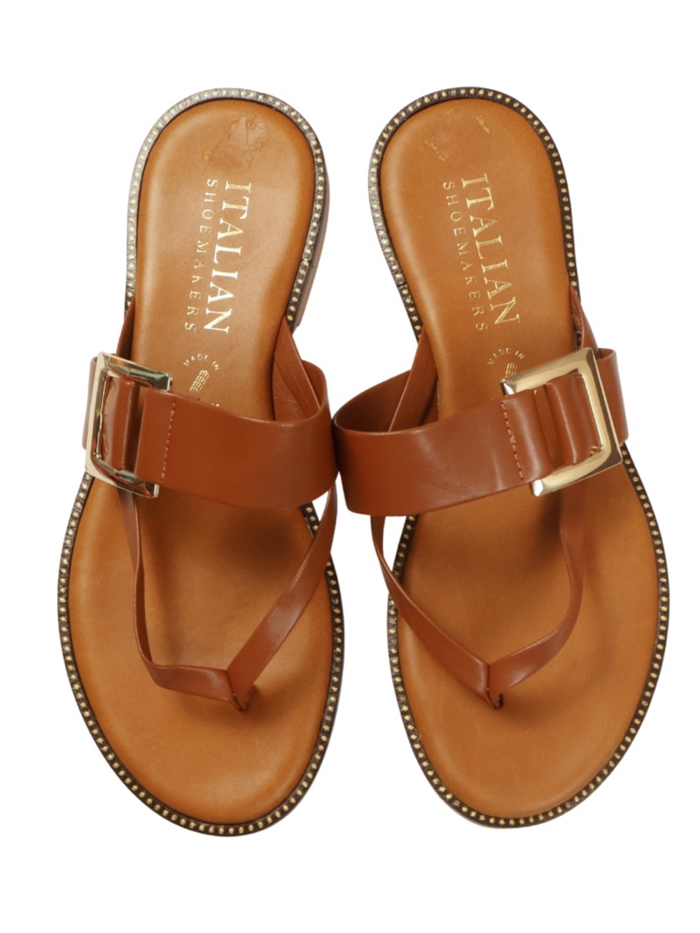 Italian Shoemakers Brown Thong Sandals Gold Buckle Flat Size 9